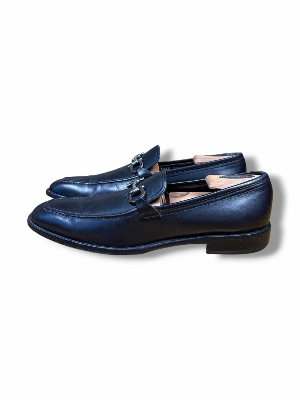 Salvatore Ferragamo Loafers Black Silver Gancini Horse Bit Buckle Shoes Sz 8.5 D